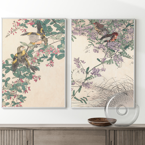 NO.354】萩とカワラヒワの花鳥図日本画アートポスター☆和柄