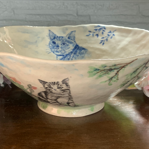ねこさん達 てびねり大鉢 お椀・ボウル・鉢 手作り陶器Rie 通販 