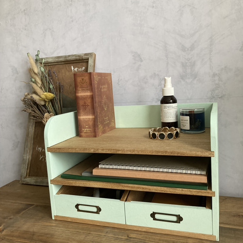 新色】バイカラーのデスク収納 書類整理・小物入れ付き【ミント