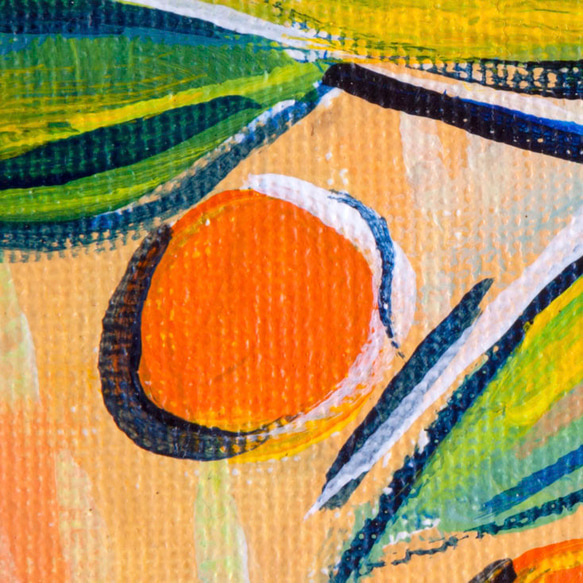 オレンジ / アートポスター 絵画 横長 オレンジ 果物 フルーツ 葉 ブルー アクリル フォービズム 3枚目の画像