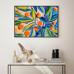 オレンジ / アートポスター 絵画 横長 オレンジ 果物 フルーツ 葉 ブルー アクリル フォービズム 2枚目の画像