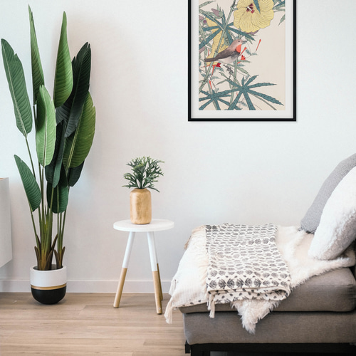 NO.386】黄色花鳥図の日本画アートポスター☆夏ボタニカル植物浮世絵