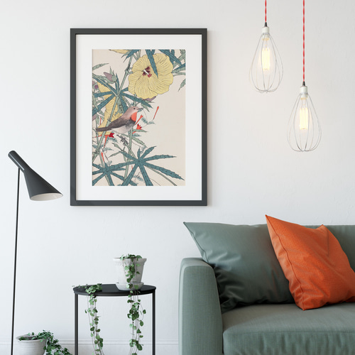 NO.386】黄色花鳥図の日本画アートポスター☆夏ボタニカル植物