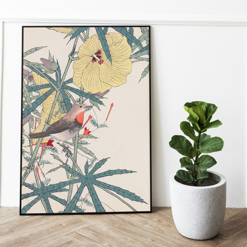 NO.386】黄色花鳥図の日本画アートポスター☆夏ボタニカル植物