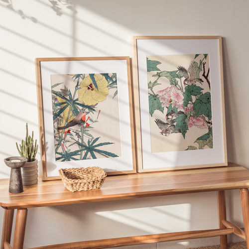 NO.386】黄色花鳥図の日本画アートポスター☆夏ボタニカル植物