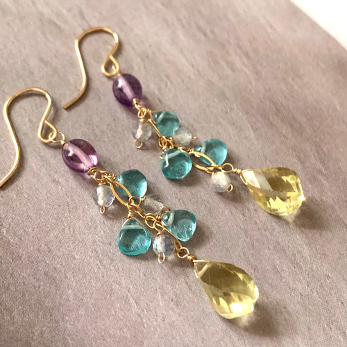 14kgfピアス＊宝石質レモンクォーツ×宝石質アパタイト ピアス（フック 
