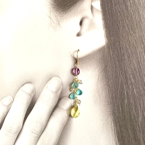 14kgfピアス＊宝石質レモンクォーツ×宝石質アパタイト ピアス（フック 