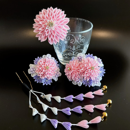 ぷち。さま専用 七五三髪飾り 薄桃色×薄藤色 6-60、赤色×白色6-61 七五三髪飾りセット つまみ細工 日本髪 7歳 かんざし 薄桃色×薄