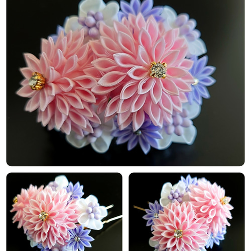 七五三、『薄ピンク系大輪の花と小花の髪飾り4点セット』つまみ