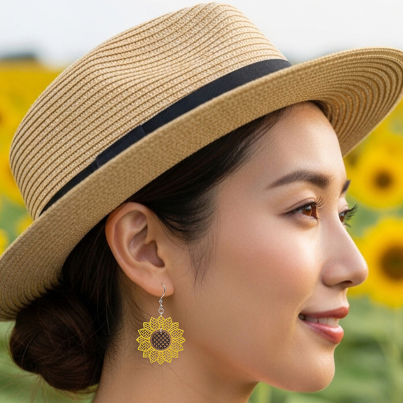 和柄】ひまわり｜檜垣＆菱紋と七宝｜ピアス｜イヤリング｜木から生まれ
