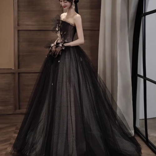 豪華！黒 ドレス ソフトチュール ベアトップ ノースリーブ 披露宴