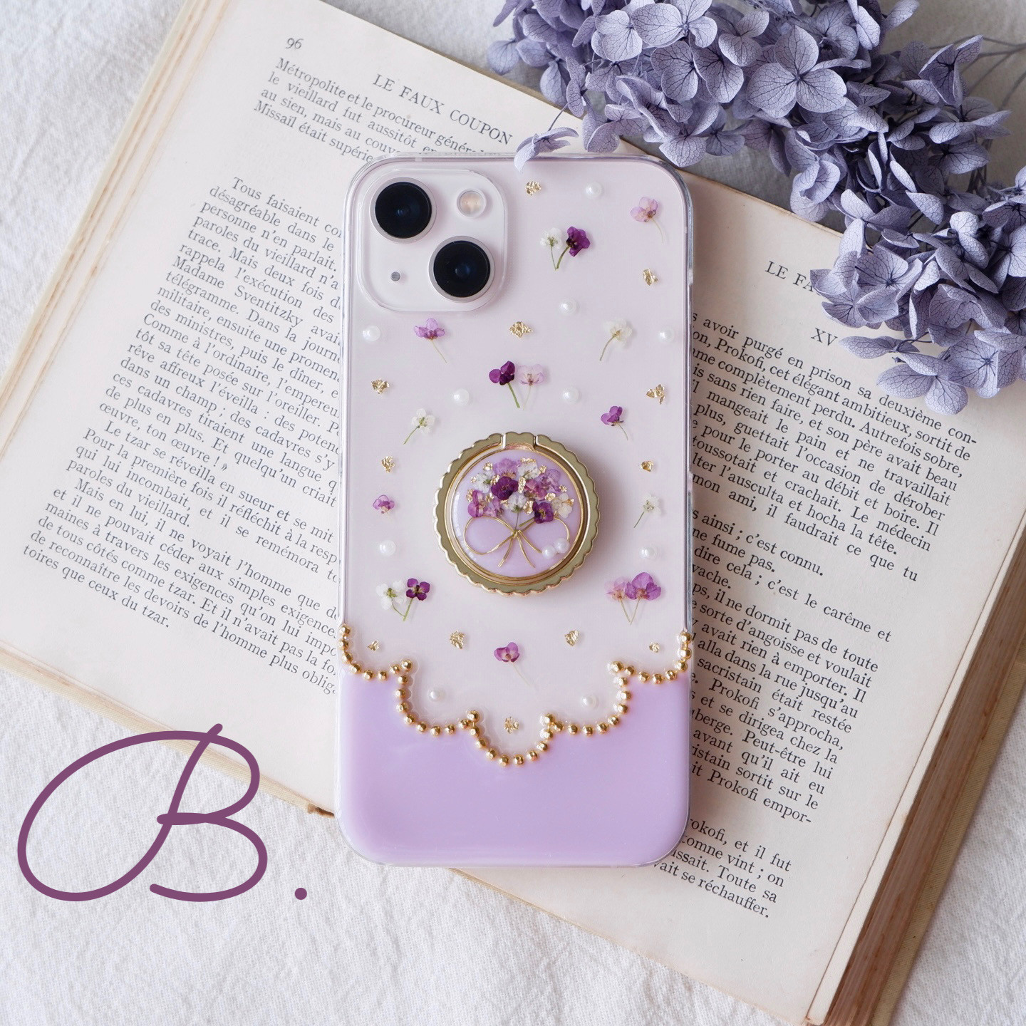 ❁新色❁パープルアリッサムブーケのスカラップ（スマホリング付き）❁.*･ﾟスマホケース【※iPhone専用ページ】