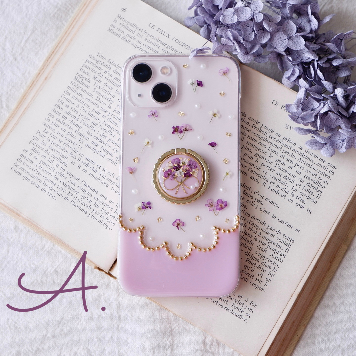 ❁新色❁パープルアリッサムブーケのスカラップ（スマホリング付き）❁.*･ﾟスマホケース【※iPhone専用ページ】