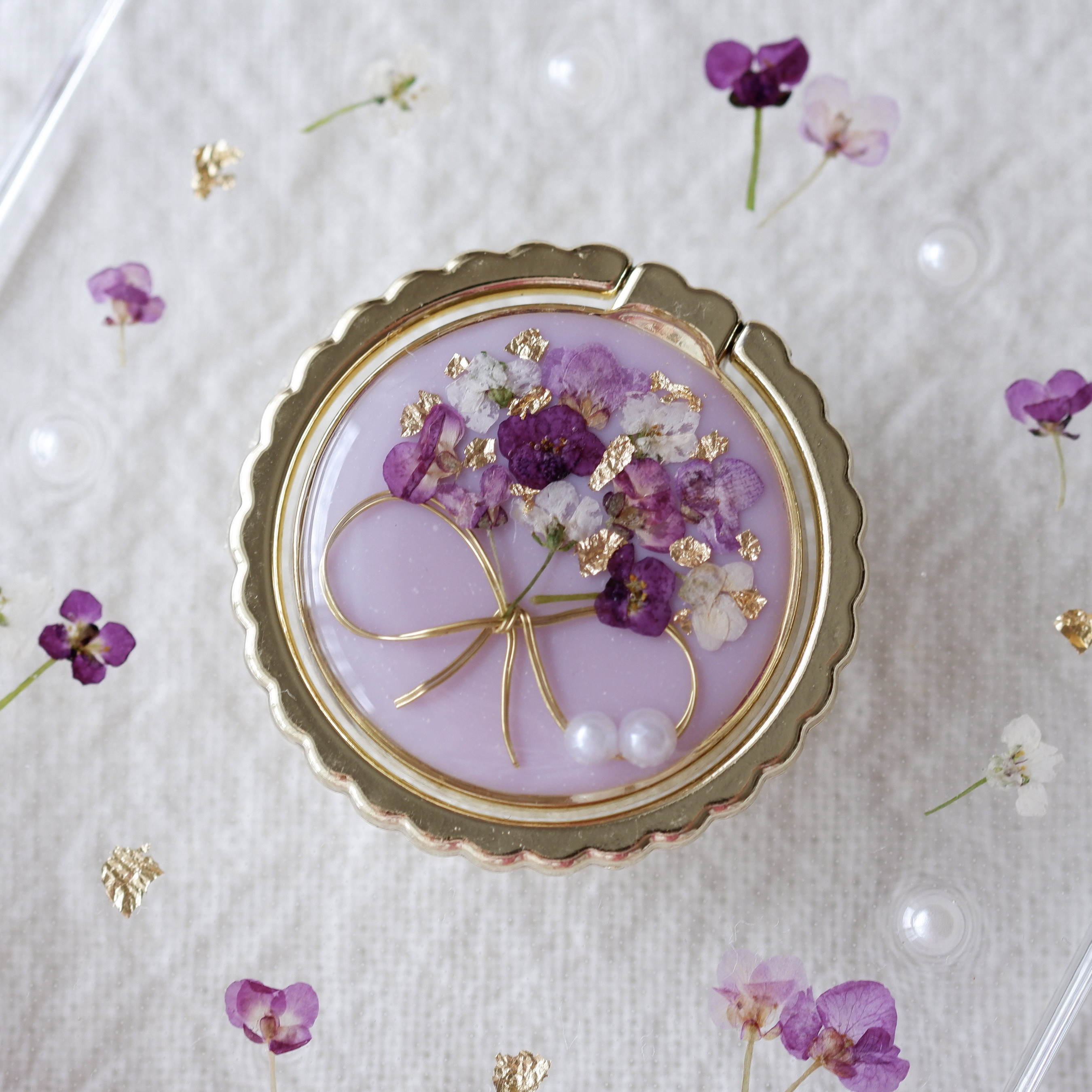 ❁新色❁パープルアリッサムブーケのスカラップ（スマホリング付き）❁.*･ﾟスマホケース【※iPhone専用ページ】