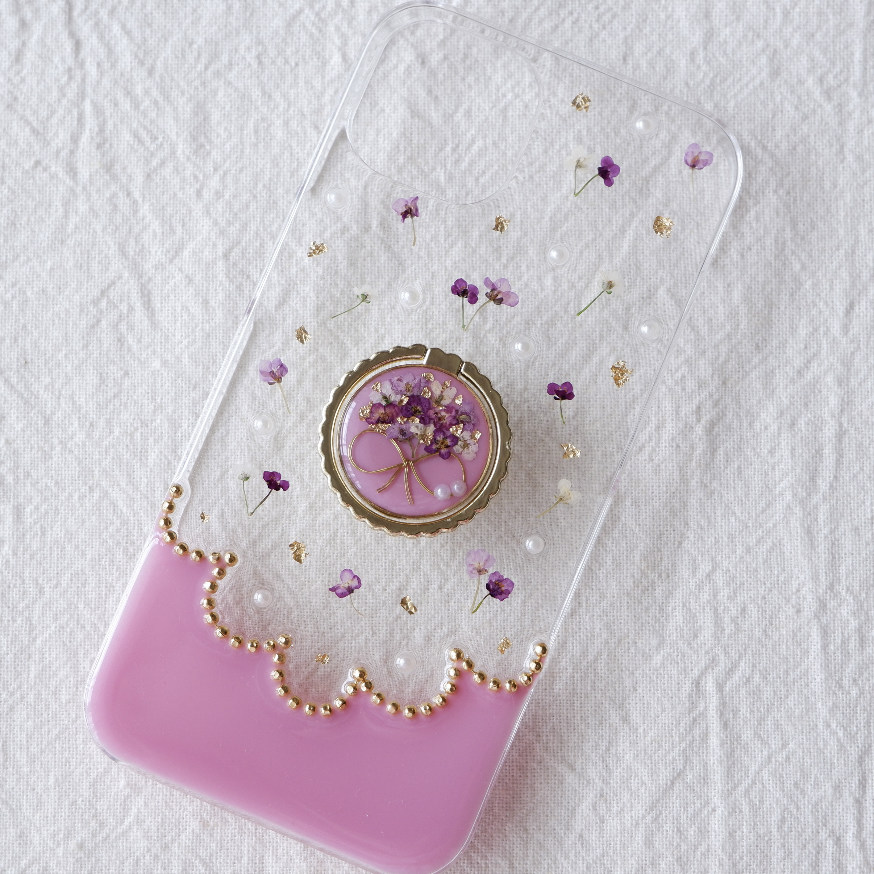 ❁新色❁パープルアリッサムブーケのスカラップ（スマホリング付き）❁.*･ﾟスマホケース【※iPhone専用ページ】