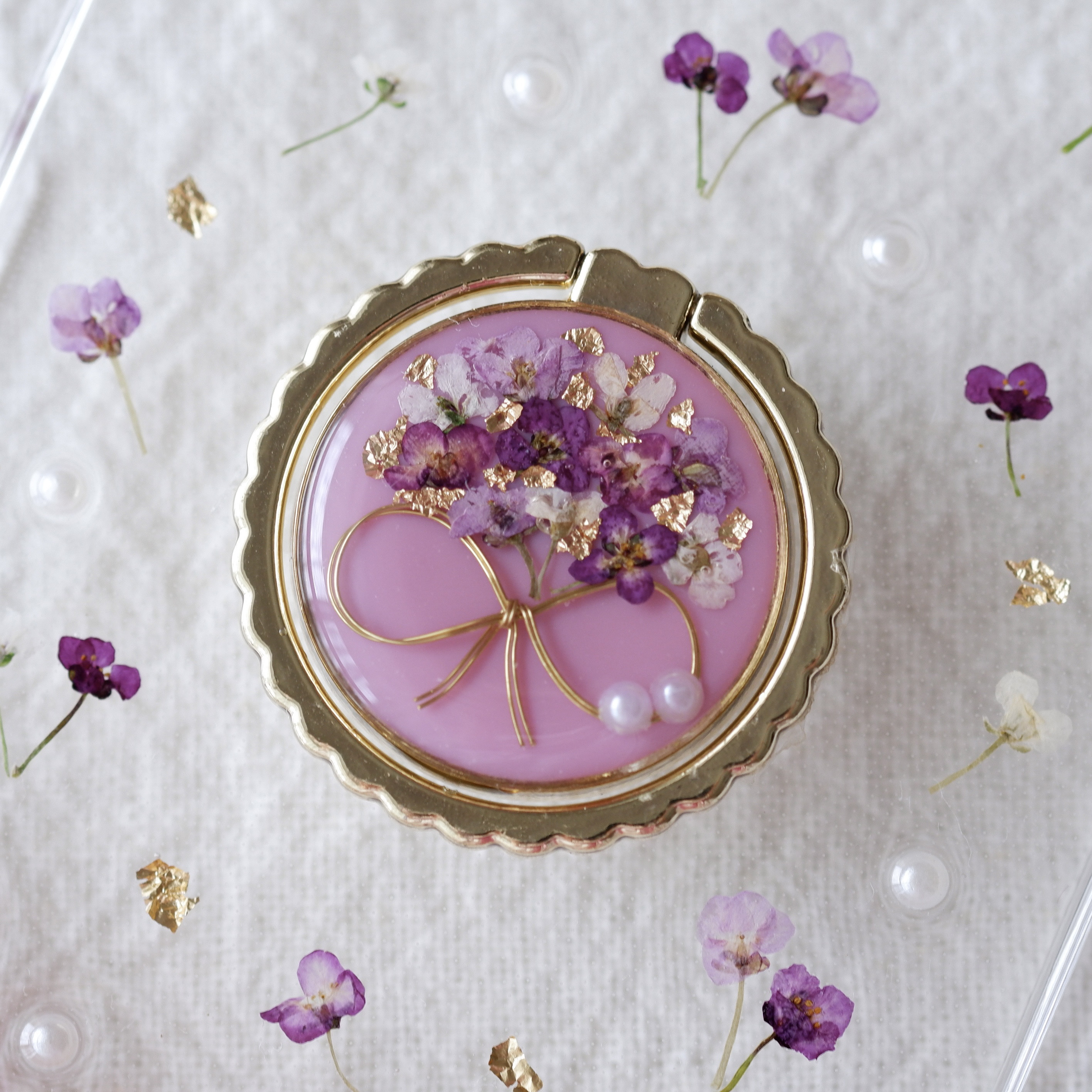 ❁新色❁パープルアリッサムブーケのスカラップ（スマホリング付き）❁.*･ﾟスマホケース【※iPhone専用ページ】