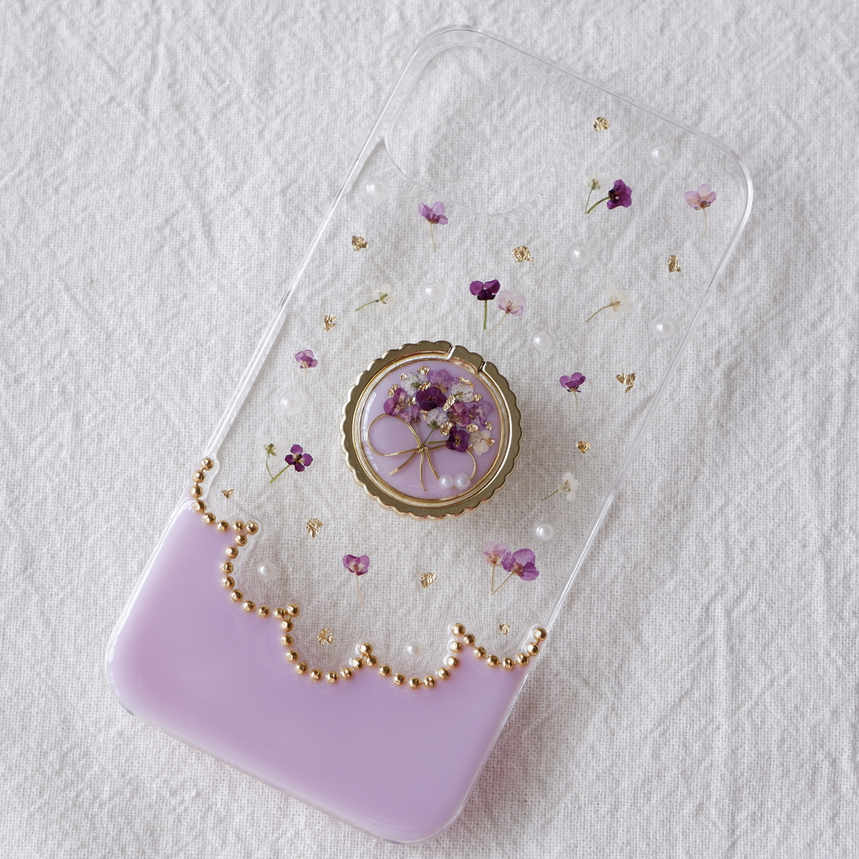 ❁新色❁パープルアリッサムブーケのスカラップ（スマホリング付き）❁.*･ﾟスマホケース【※iPhone専用ページ】