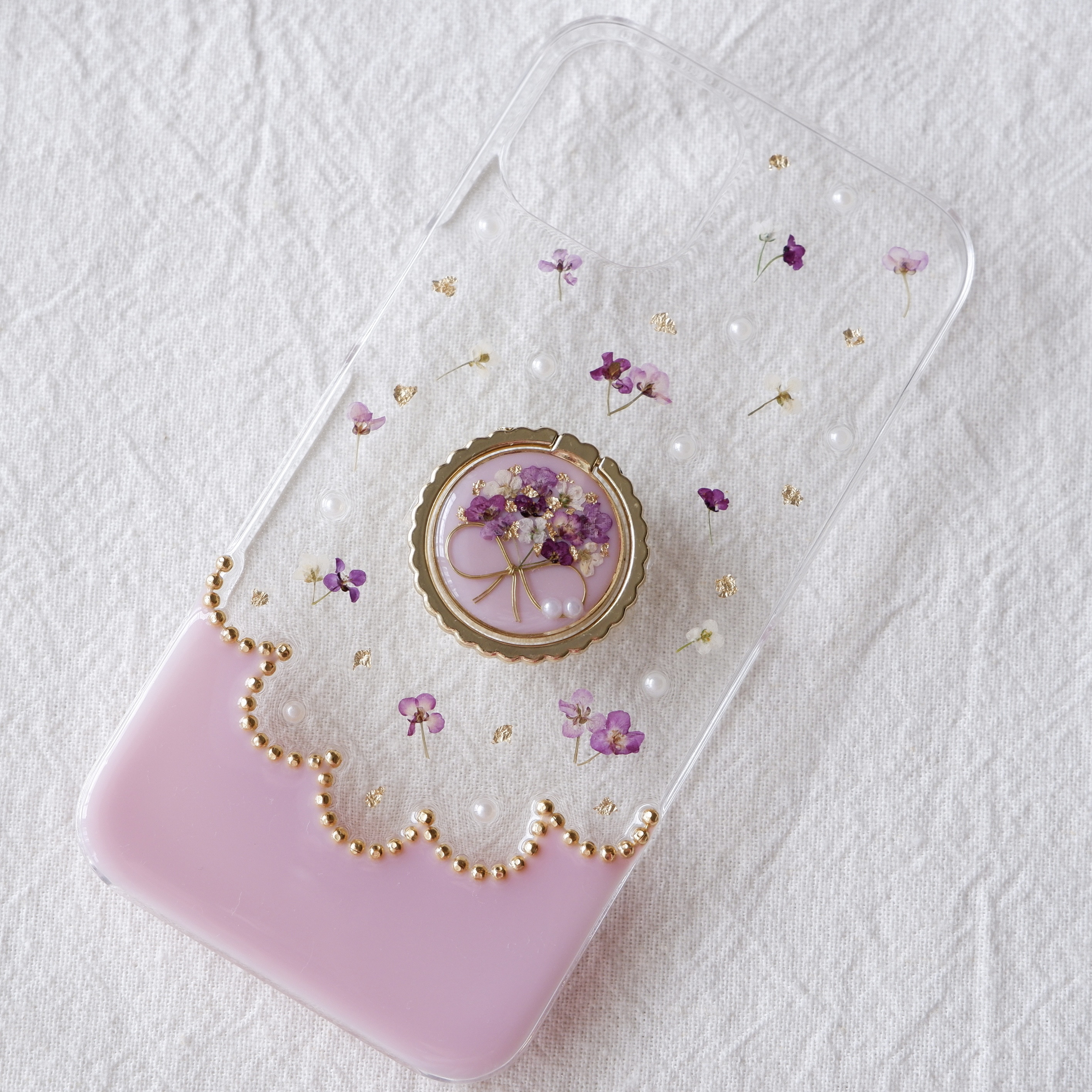 ❁新色❁パープルアリッサムブーケのスカラップ（スマホリング付き）❁.*･ﾟスマホケース【※iPhone専用ページ】