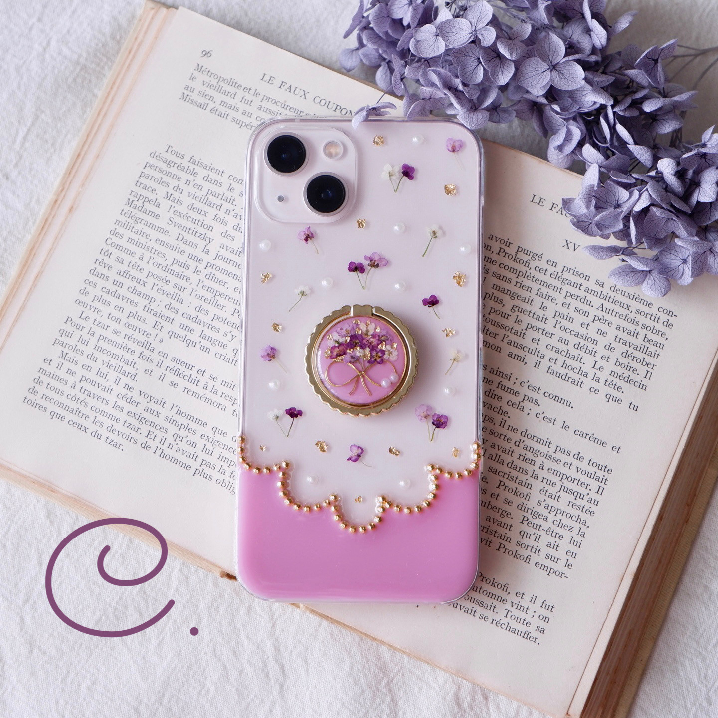 ❁新色❁パープルアリッサムブーケのスカラップ（スマホリング付き）❁.*･ﾟスマホケース【※iPhone専用ページ】