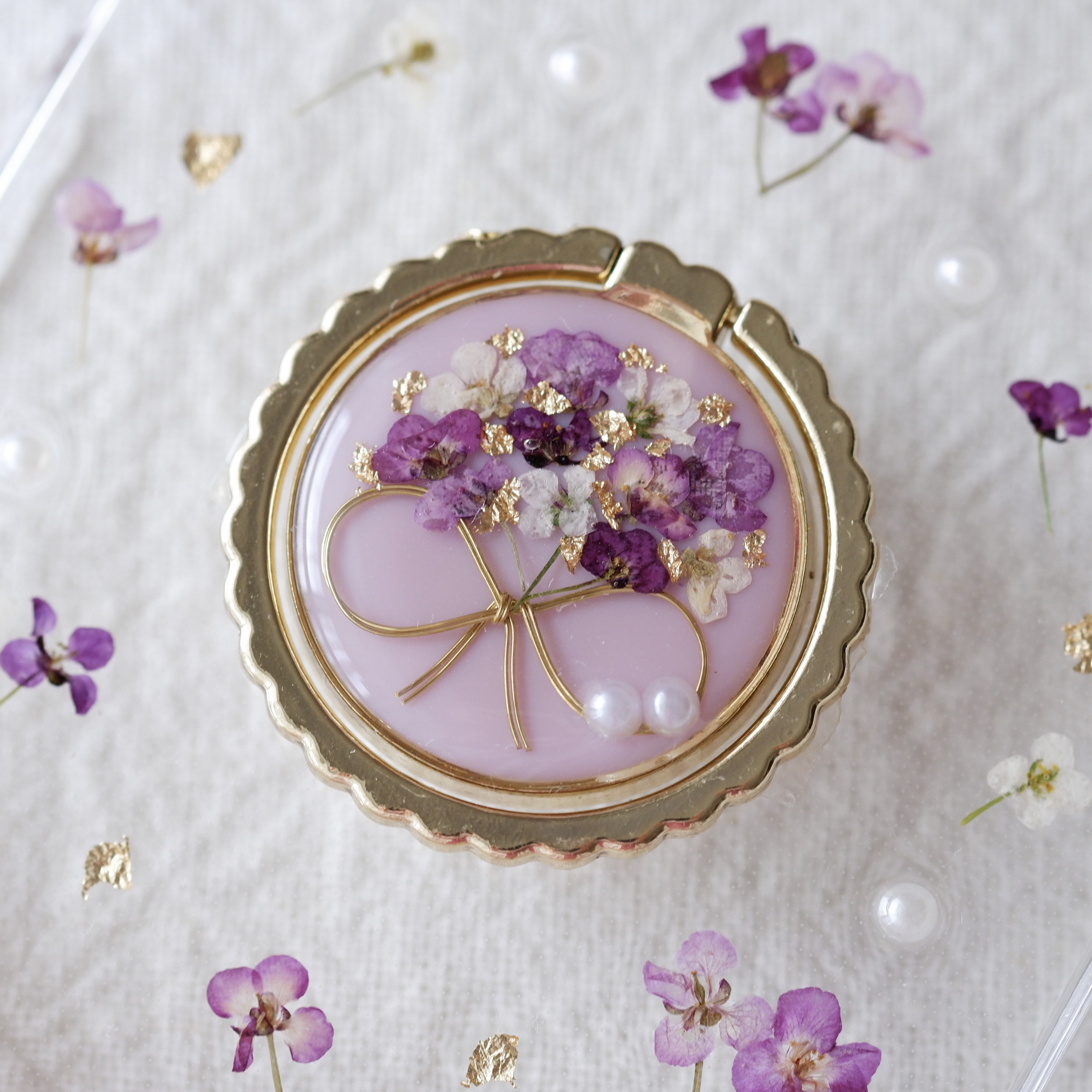 ❁新色❁パープルアリッサムブーケのスカラップ（スマホリング付き）❁.*･ﾟスマホケース【※iPhone専用ページ】