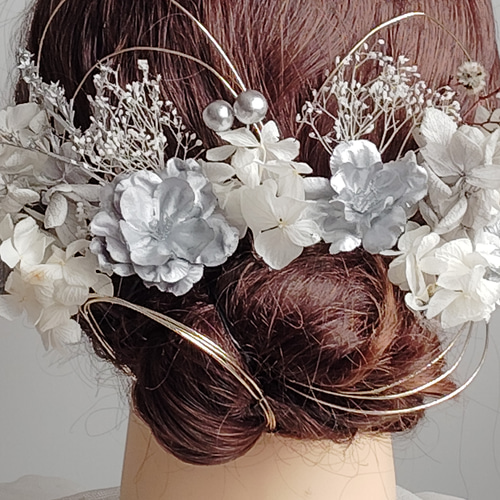 銀桜と水引の髪飾り 結婚式 成人式 卒業式 花嫁 和装 白無垢