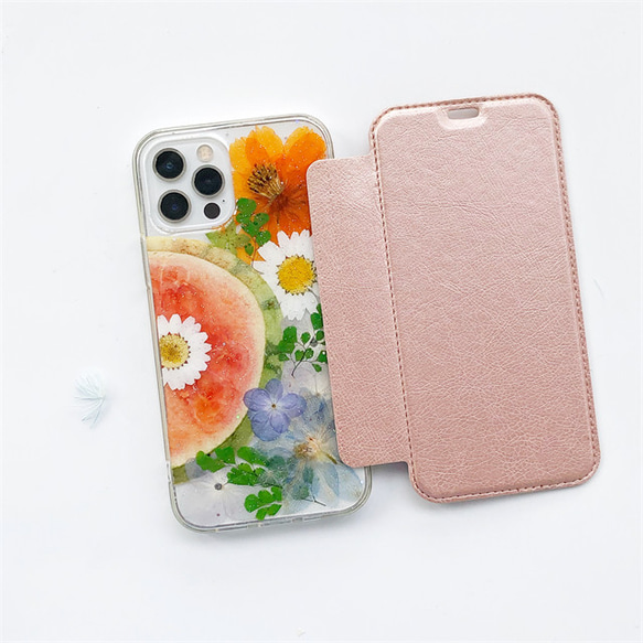 《夏限定》スイカ 手帳型スマホケース 押し花ケース iPhone14Pro/13/12/SE/11/8/7/XS 1枚目の画像