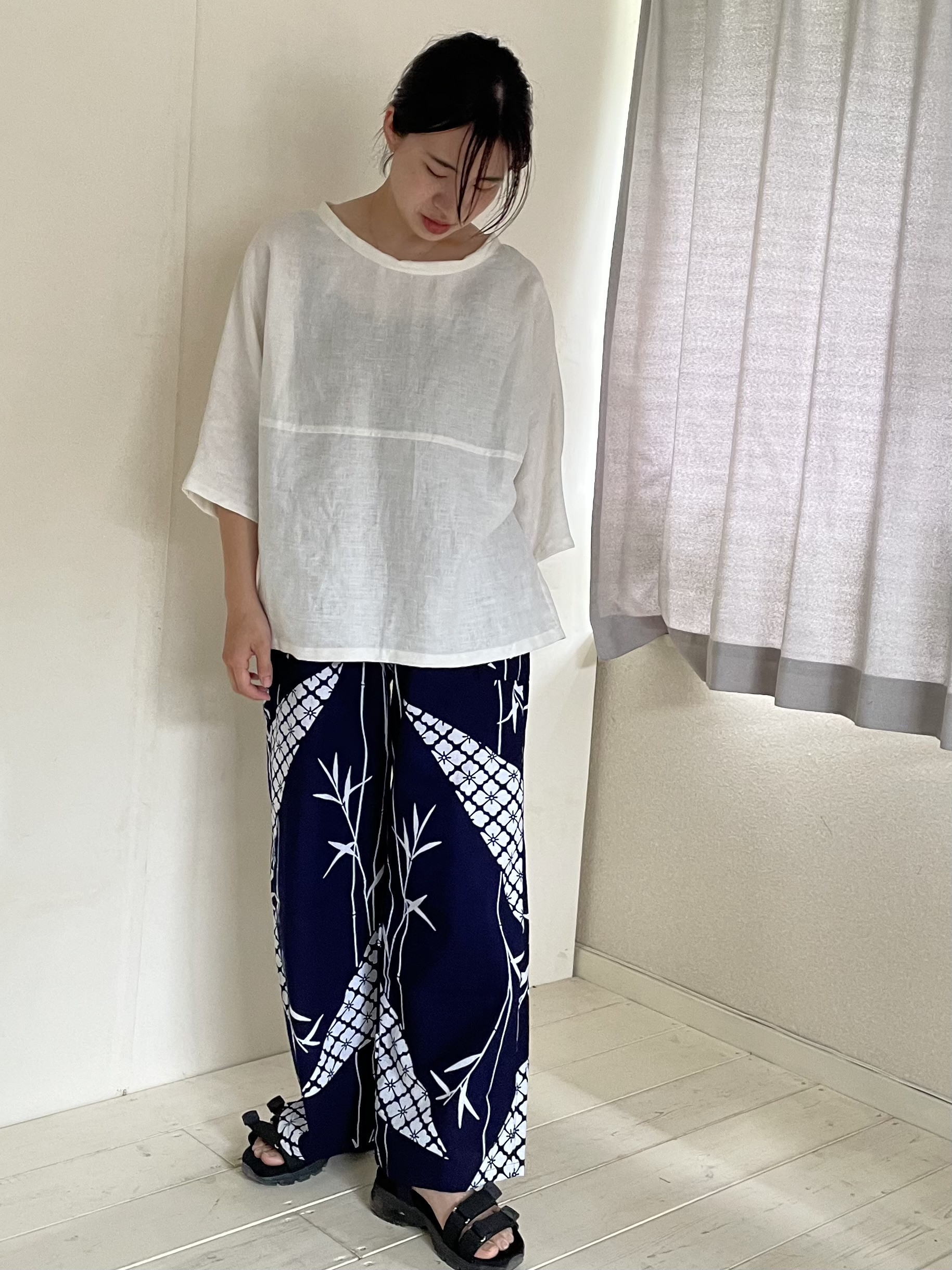 七夕 夏祭り 浴衣もんぺパンツ【笹】ワイドパンツ 綿 リメイクハンドメイド