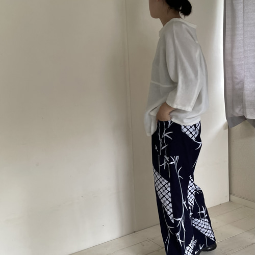笹と花模様の浴衣リメイク ワイドパンツ ロングパンツ 自然堂