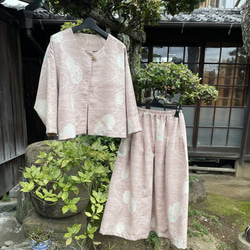 【着物リメイク】紬のセットアップ/ドルマンスリーブ/タックフレアスカート 2枚目の画像