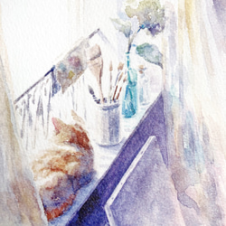 水彩画 「アトリエの猫」 複製画 A4ポスター 2枚目の画像
