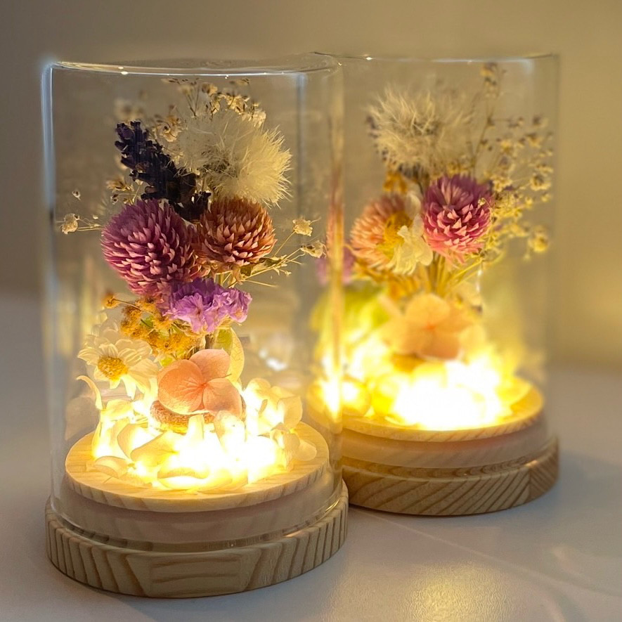 《小さな野原のランプ》フラワーランプ　LEDライト付　LEDキャンドル　紫陽花　ミモザ　ラベンダー　春　かすみ草