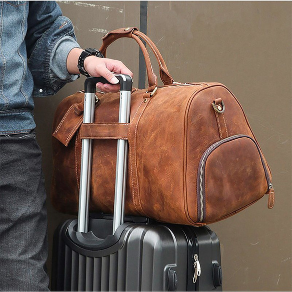 本革 旅行鞄 トラベルバッグ 靴ポケット付き 厚手レザー 大容量 メンズ 牛革 ボストンバッグ 手提げバッグ 2泊 旅行 2枚目の画像
