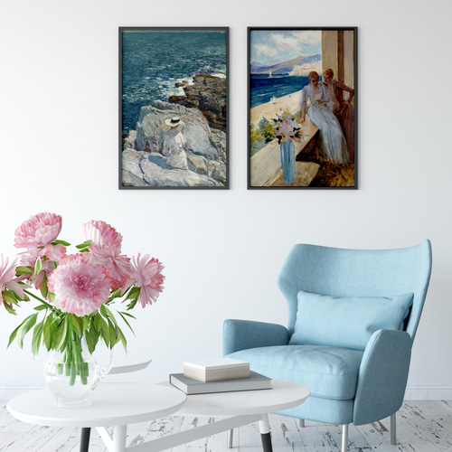 木製モザイクアート 女性と海の風景 - 絵画