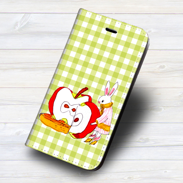 ◆iPhone フラップ無し手帳型ケース ★りんごとウサギ 1枚目の画像