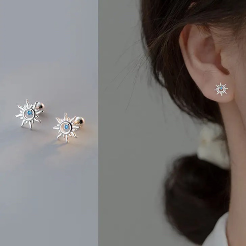 ピアス シルバー925 太陽モチーフ ブルークリスタル ネジ