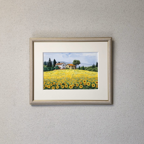 アクリル画 原画 「ひまわりの丘10」額縁付 SMサイズ 風景画 アート