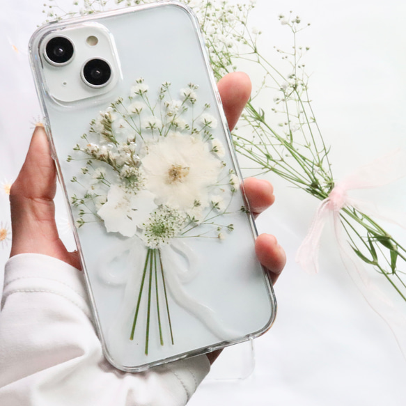 Whiteclutchbouquet 押し花スマホケース iPhone14Android カスミソウ Xperia全機種 7枚目の画像
