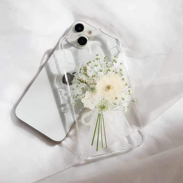 Whiteclutchbouquet 押し花スマホケース iPhone14Android カスミソウ Xperia全機種 4枚目の画像