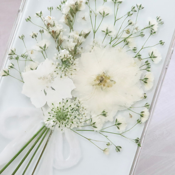 Whiteclutchbouquet 押し花スマホケース iPhone14Android カスミソウ Xperia全機種 9枚目の画像