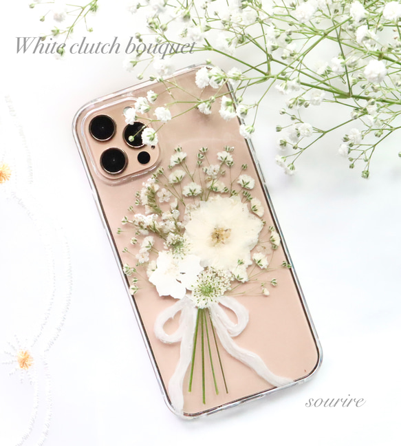 Whiteclutchbouquet 押し花スマホケース iPhone14Android カスミソウ Xperia全機種 1枚目の画像