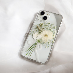 Whiteclutchbouquet 押し花スマホケース iPhone14Android カスミソウ Xperia全機種 2枚目の画像