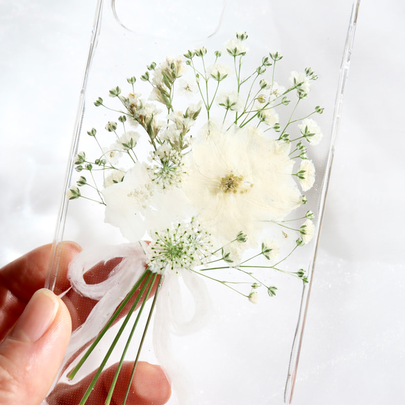 Whiteclutchbouquet 押し花スマホケース iPhone14Android カスミソウ Xperia全機種 6枚目の画像