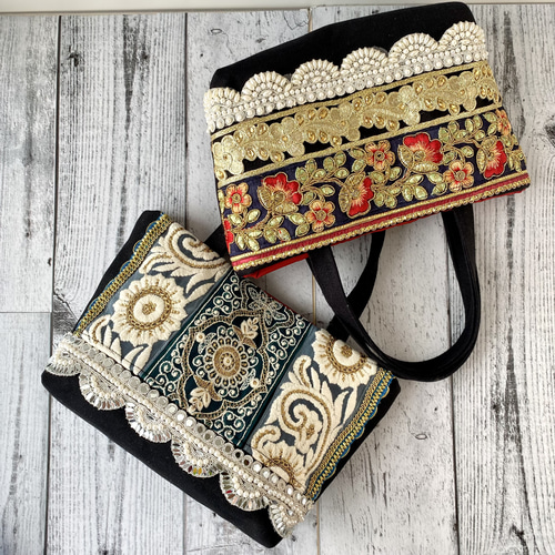 透け感のあるフォーマルなインド刺繍リボンのドレストートバッグ 透け感のあるフォーマルなインド刺繍リボンのドレストートバッグ