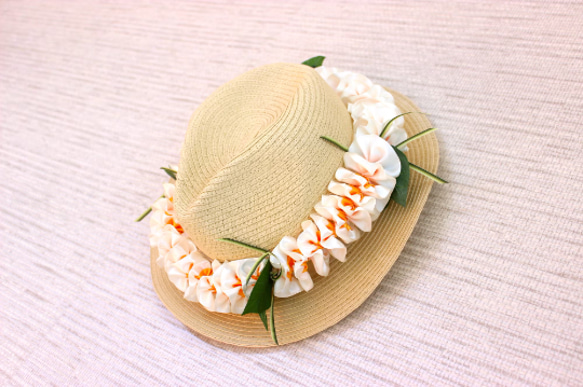 ハワイアンハットレイ（大人用） 帽子用アクセサリー プルメリア リボンレイ フラダンスや結婚式  ハワイアンインテリア 4枚目の画像