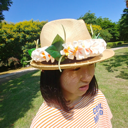 ハワイアンハットレイ（大人用） 帽子用アクセサリー プルメリア リボンレイ フラダンスや結婚式  ハワイアンインテリア 8枚目の画像