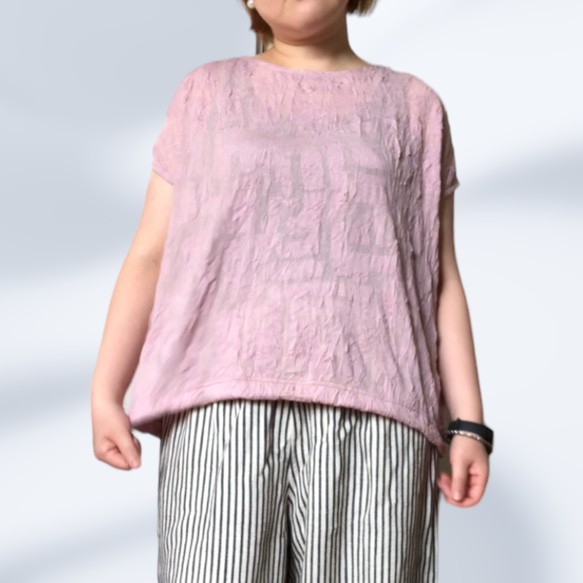 ピンクの尾州カットソー生地を使用したフレンチスリーブTシャツ 10枚目の画像