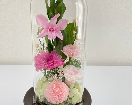 プリザーブドフラワー仏花　ガラスドーム入り　シャーベットピンク　一対　お供え プリザーブドフラワー ガラスドーム入り仏花 シャーベットピンクカラー