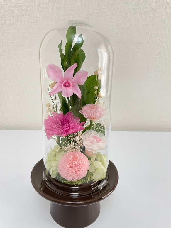 プリザーブドフラワー仏花 ガラスドーム入り シャーベットピンク 一対