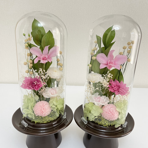 プリザーブドフラワー仏花　ガラスドーム入り　シャーベットピンク　一対　お供え プリザーブドフラワー仏花 ガラスドーム入り大サイズ 一基