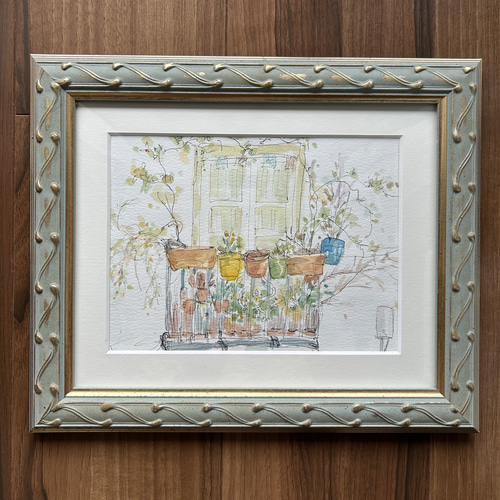 窓辺の風景（スペイン、グラナダ、原画、透明水彩、額付き） 絵画